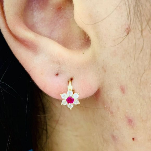 14K Yellow Gold Flowers Huggies Hoop Earrings Birthstones 11x13mm for Baby Girls - Picture 10 of 16